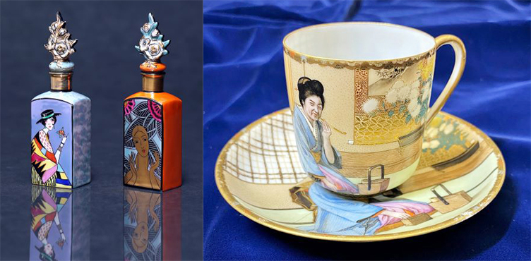 （左）デコ・レディ香水瓶／M-JAPAN 印　1921-1941頃　（右）老女キセル図コーヒーカップ／明治時代