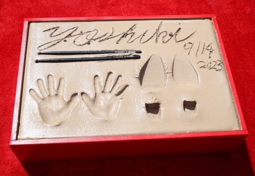 YOSHIKIさんの名前、手形、足形の順に型が取られ、ドラムスティックが埋め込まれた（提供写真）