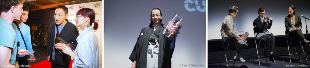 （左から）オープニング『白鍵と黒鍵の間に』の上映後に来場者からの質問に応じる冨永昌敬監督／センターピース上映『ほかげ』上映前にCut Above賞を受賞した森山未來さん／『お引越し』上映後に登壇し、トークを行った田畑智子さん