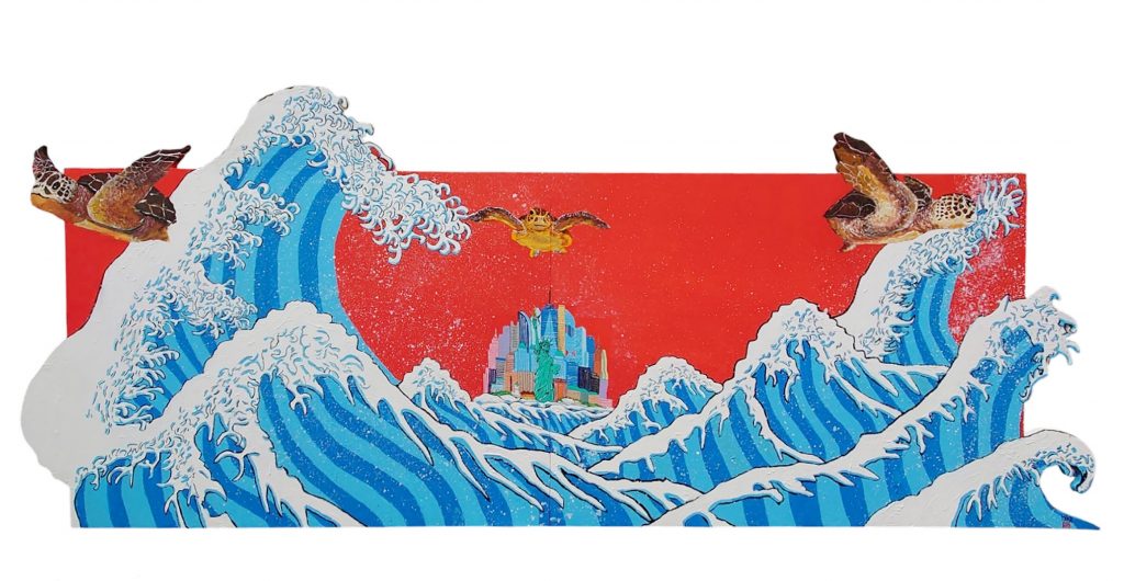 「障害という巨大な波を超えて;TAKEのトビダスアート」北斎の魂とトビダスアート融合! 大波の彼方にNY。亀は希望の象徴。衝撃と感動を!