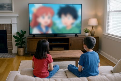 好きな日本のアニメを観る子どもたちのイメージ画像(筆者作成の生成AI)