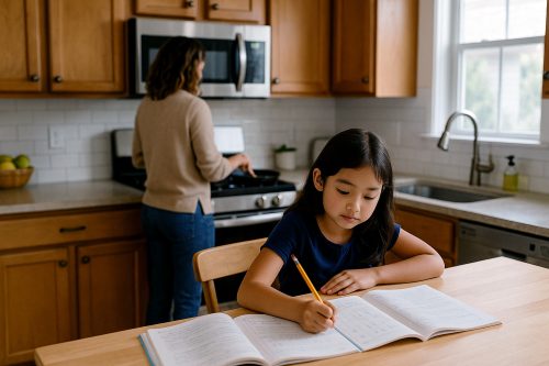 夕食ができるのを待つ時間に補習校の宿題をする子どものイメージ画像(筆者作成の生成AI)