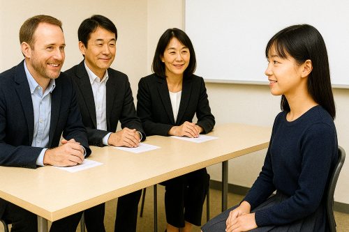 英語の面接試験を受ける中学生のイメージ画像（筆者作成の生成AI）