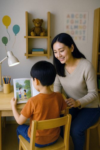 子供の勉強の様子を優しく見守る母親のイメージ画像(筆者作成の生成AI)