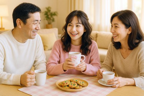 家庭内での会話を楽しむ家族のイメージ画像(筆者作成の生成AI)