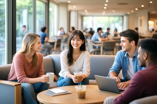 学生寮で談笑する日本人学生と留学生のイメージ画像(筆者作成の生成AI)