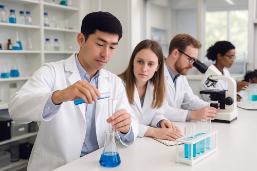 留学生とともに実験をする日本人学生のイメージ画像(筆者作成の生成AI)