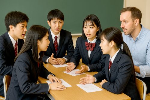 英語でディベートをする中学生のイメージ画像（筆者作成の生成AI）