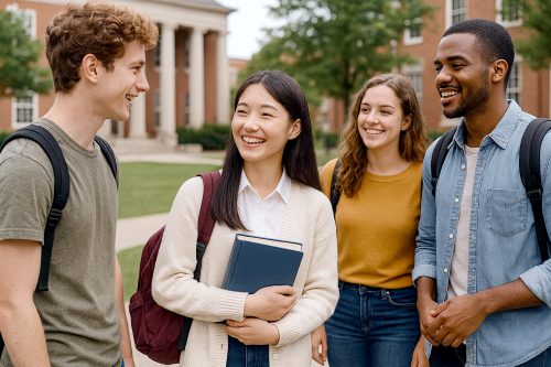 海外の大学のキャンパスで談笑する女子学生のイメージ画像（筆者作成の生成AI）