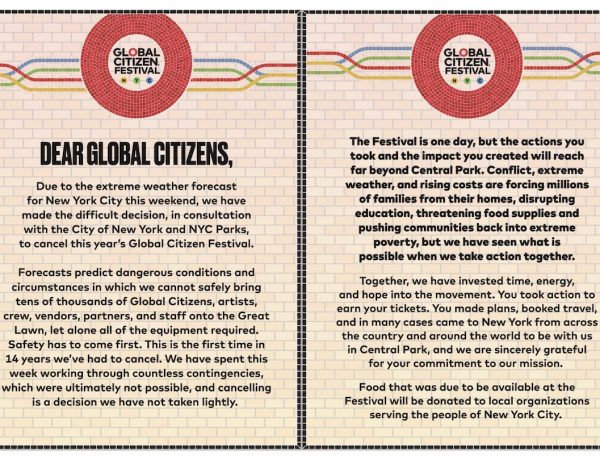 Global Citizen Festival、ノーイースター接近で中止